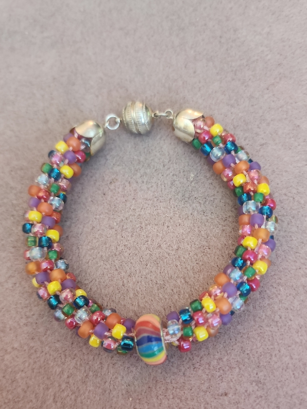 Kumihimo Rainbow Bracelet with Unique Bead And Silver Magnetic Clasp Handmade